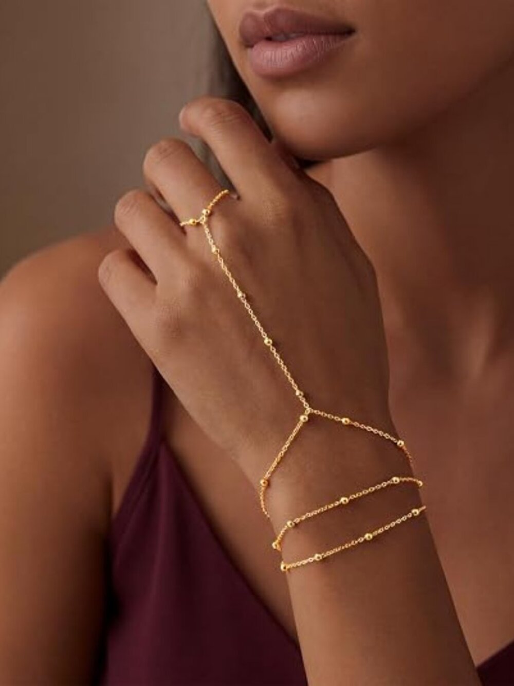Dainty Hand Chain Bracelet 14K Gold Plated CZ Ring Bracelet